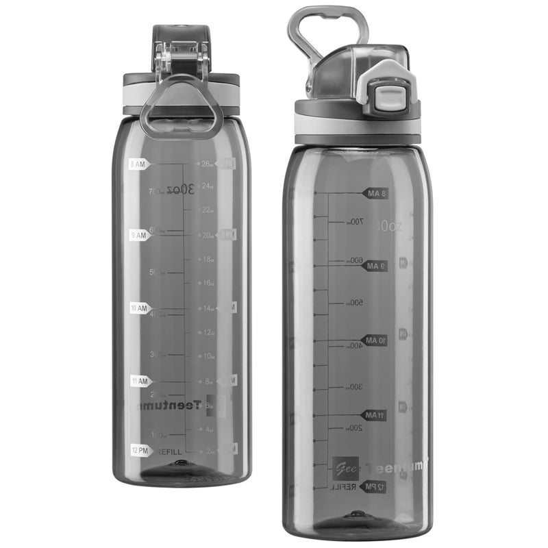 Teentumn 30oz Sport Water Bottle with Time Markers, Large Durable Gym Plastic Bottle Tritan BPA Free for Fitness, Outdoor Enthusiasts, Leakproof Clear Gray (Pack of 1) - Image 1